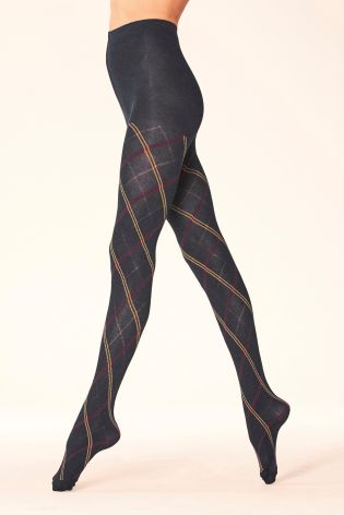 Navy Argyle Pattern Knitted Tights
